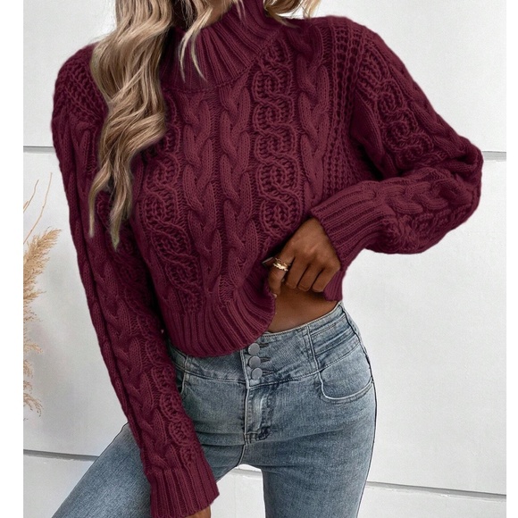 Cozy Mint Mock Neck Chunky Cable Knit Cropped Sweater Top - Picture 2 of 8